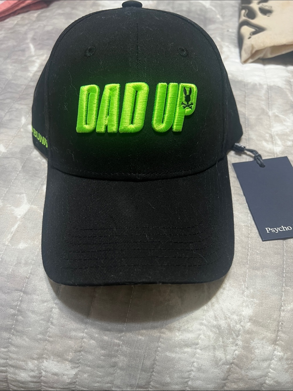 Psycho Bunny Black Cap with Neon Green DAD UP Embroidery